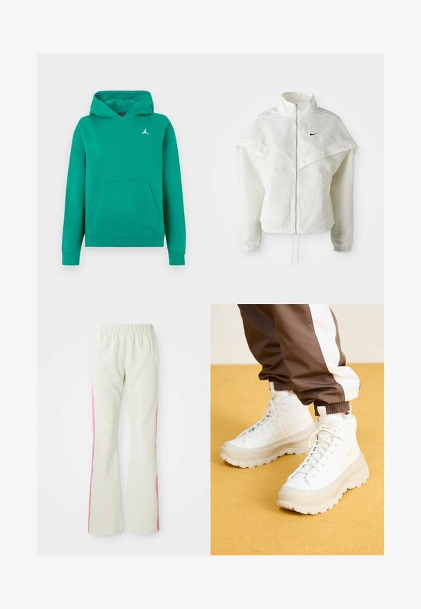 Valkoinen pitkähihainen vetoketjullinen takki korkealla kauluksella, viittamainen yksityiskohta olkapäillä, joustavat hihansuut ja pieni musta Nike-logo rinnassa.; Vihreä huppari, joka on valmistettu pehmeästä kankaasta, jossa on kengurulaukku ja ribbaatut hihansuut. Pienen valkoisen Jumpman-logon on rintapielellä. Klassinen rento malli.; Vaaleanbeige housut, joissa on joustava vyötärö, pinkit sivupaneelit ja sivutaskut. Silkkinen tekstuuri suoran lahkeen muotoilulla.; Valkoiset korkeavartiset tennarit, joissa on massiivinen, teksturoitu pohja. Sneakereissa on sileä päällinen, pyöreä kärki ja sävyyn sopivat nauhat, ja ne on asetettu keltaista taustaa vasten.