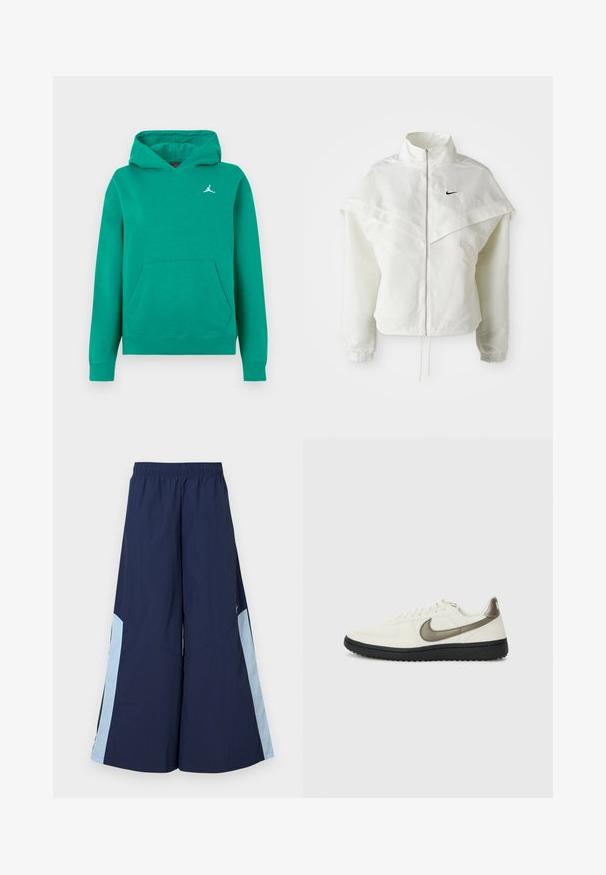 Chaqueta blanca de manga larga con cremallera y cuello alto, detalle tipo capa en los hombros, puños elásticos y pequeño logo negro de Nike en el pecho.; Sudadera verde hecha de tela suave, con un bolsillo canguro y puños acanalados. Pequeño logo Jumpman blanco en el pecho. Corte clásico y relajado.; Pantalones de pierna ancha azul marino con una cintura elástica, que cuentan con paneles laterales de color azul claro y una textura suave. Diseñados para la comodidad y la libertad de movimiento.; Nike Sportswear FIELD GENERAL - Zapatillas - off-white/black