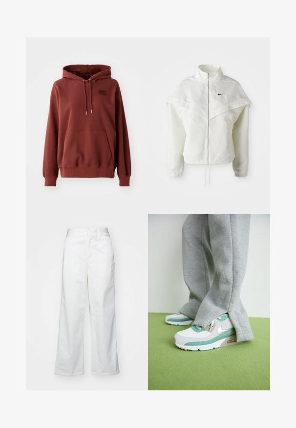 Giacca bianca a maniche lunghe con zip e colletto alto, dettaglio a mantella sulle spalle, polsini elasticizzati e piccolo logo Nike nero sul petto.; Felpa rossa con tessuto testurizzato, tasca a marsupio frontale, cappuccio con coulisse regolabile e una piccola patch con logo sul petto.; Pantaloni bianchi a gamba larga realizzati in cotone, con una texture liscia, vestibilità dritta, tasche frontali e orlo pulito.; Sneakers Nike Air Max bianche con accenti menta, dotate di una parte superiore testurizzata, lacci grigi e un'unità air visibile. Indossate con pantaloni della tuta grigi.