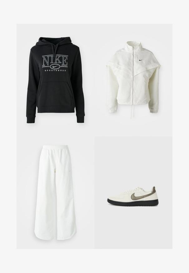 Λευκό ζακέτα με μακριά μανίκια και κλείσιμο με φερμουάρ, υψηλό γιακά, λεπτομέρεια που μοιάζει με κάπα στους ώμους, ελαστικούς μανσέτες και μικρό μαύρο λογότυπο Nike στο στήθος.; Μαύρο φούτερ Nike με κουκούλα που ρυθμίζεται με κορδόνι, μπροστινή τσέπη τύπου καγκουρό και έντονο λευκό λογότυπο με την ένδειξη "SPORTSWEAR". Απαλή υφή υφάσματος.; Λευκό αθλητικό παντελόνι σε φαρδιά γραμμή με ραμμένο ζώνη και διακριτική λεπτομέρεια λογότυπου. Απαλή υφή με άνετη εφαρμογή και στενό στρίφωμα.; Nike Sportswear FIELD GENERAL - Αθλητικά παπούτσια - off-white/black
