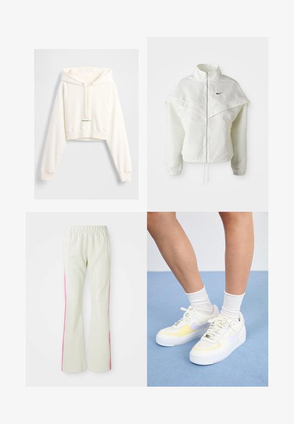Veste zippée à manches longues blanche avec col haut, détail de type cape sur les épaules, poignets élastiques et petit logo Nike noir sur la poitrine.; Sweat à capuche blanc recadré avec capuche à cordon, logo "GAP" en relief, poignets côtelés et étiquette d'accent verte à l'ourlet. Texture douce et lisse.; Pantalon beige clair avec taille élastique, doté de panneaux latéraux roses et de poches latérales. Texture lisse avec une coupe droite.; Baskets en cuir blanc avec des accents jaunes et lavande, bout rond, lacets plats et semelle en caoutchouc texturée. Portées avec des chaussettes blanches.
