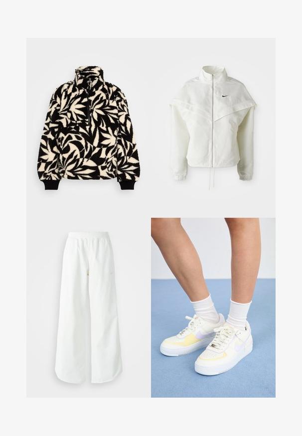 Balta ilga rankovė zip-up striukė su aukštu apykakle, švarkelio tipo detalėmis ant pečių, elastingomis rankovėmis ir mažuoju juodu Nike logotipu ant krūtinės.; Juodas ir kremas fliso megztinis su aukštu apykakliu, pusiau užtrauktuku ir lapų raštu. Įrankių rankovės turi juodus elastingus juosteles, kad geriau priglustų.; Balti sportiniai keliai su platėjančiomis kojomis, su įtemptu juosmeniu ir subtilia logotipo detale. Lygus audinys, laisvas kirpimas ir siaurėjantis apatinis kraštas.; Baltos odinės sportbačiai su geltonais ir levandų akcentais, apvaliu pirštu, plokščiomis raišteliais ir tekstūruota guma. Dėvimi su baltais kojinėmis.