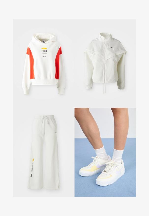Hvit langermet jakke med glidelås og høy krage, kappe-lignende detaljer over skuldrene, elastiske mansjetter, og liten svart Nike-logo på brystet.; Hvit hettegenser med røde detaljer, snøring i hetten og trykk på forsiden. Har en logo og tekst på brystet. Myk stoff, ribbede mansjetter og kant.; Hvide, vide sweatpants med elastisk talje, snøre, sidelommer, sort Nike-logo og kontrasterende gul grafisk tekst.; Hvit lær sneakers med gule og lavendel detaljer, rund tå, flate lisser, og teksturert gummisåle. Brukt med hvite sokker.