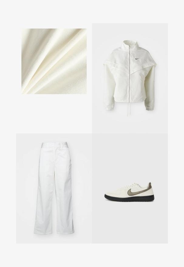 Jaqueta branca de mangas longas com fecho éclair e gola alta, detalhe tipo capa nos ombros, punhos elásticos e pequeno logótipo preto da Nike no peito.; Tecido de lã branca com uma textura suave e peluda, apresentando fibras lisas e ligeiramente elevadas, dispostas em dobras suaves.; Calças largas brancas feitas de algodão, com uma textura suave, corte reto, bolsos frontais e bainha limpa.; Nike Sportswear FIELD GENERAL - Sapatilhas - off-white/black