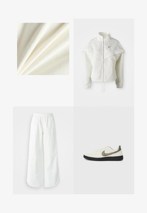 Weiße langärmlige Zip-Jacke mit hohem Kragen, cape-artigem Detail über den Schultern, elastischen Bündchen und kleinem schwarzen Nike-Logo auf der Brust.; Weißer Fleece-Stoff mit einer weichen, plüschigen Textur, die glatte und leicht erhobene Fasern zeigt, die in sanften Falten angeordnet sind.; Weiße, weit geschnittene Sporthose mit einem gerippten Bund und dezentem Logo-Detail. Glattes Material mit lockerer Passform und schmal zulaufendem Saum.; Nike Sportswear FIELD GENERAL - Sneaker low - off-white/black