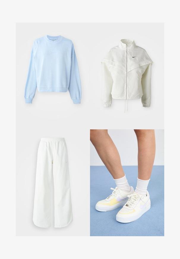 Biela bunda s dlhým rukávom na zips a vysokým golierom, s plášťovým detailom cez plecia, elastickými manžetami a malým čiernym logom Nike na hrudi.; Svetlo modrý mikina vyrobená z jemného bavlneného materiálu. Obsahuje okrúhly výstrih, spustené ramená a rebrované manžety a lem s jemným brandingom.; Biele široké športové nohavice s ribbovaným pásom a jemným logom. Hladká tkanina s uvoľneným strihom a zúženým lemom.; Biele kožené tenisky s žltými a levanduľovými akcentmi, okrúhle špičky, ploché šnúrky a textúrovaná gumová podrážka. Nosené s bielymi ponožkami.