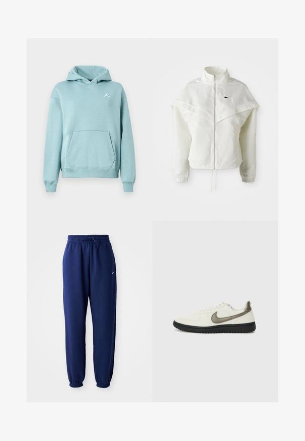 Jaqueta branca de mangas longas com fecho éclair e gola alta, detalhe tipo capa nos ombros, punhos elásticos e pequeno logótipo preto da Nike no peito.; Hoodie em azul claro com bolso tipo canguru, punhos e barra canelados, e um logo branco da Jordan no lado esquerdo do peito. Textura de tecido suave.; Calças de fato de treino azul marinho feitas de um tecido suave, com uma cintura elástica com cordão, punhos elásticos e um pequeno logótipo branco.; Nike Sportswear FIELD GENERAL - Sapatilhas - off-white/black