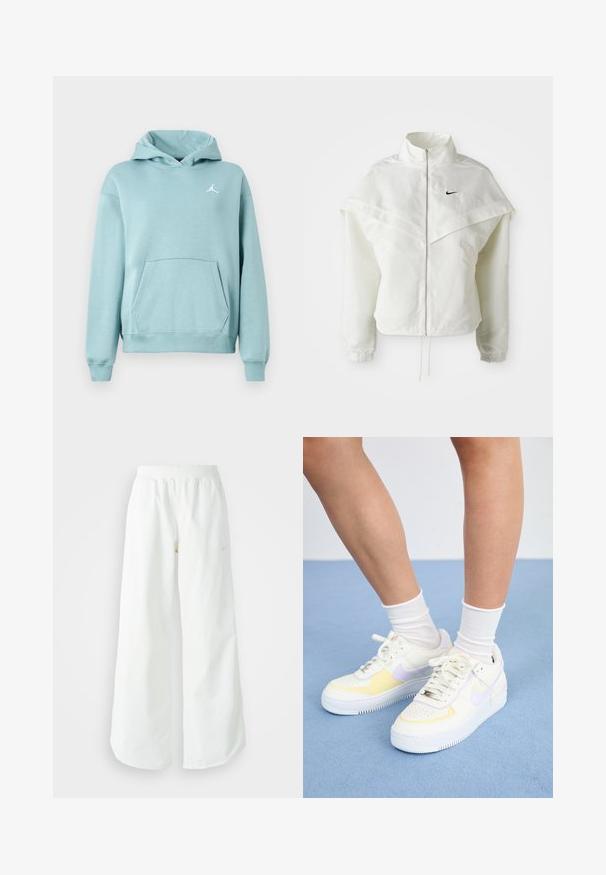 Weiße langärmlige Zip-Jacke mit hohem Kragen, cape-artigem Detail über den Schultern, elastischen Bündchen und kleinem schwarzen Nike-Logo auf der Brust.; Himmelblauer Hoodie mit Kängurutasche, gerippten Bündchen und Saum sowie einem weißen Jordan-Logo auf der linken Brust. Weicher Stoff.; Weiße, weit geschnittene Sporthose mit einem gerippten Bund und dezentem Logo-Detail. Glattes Material mit lockerer Passform und schmal zulaufendem Saum.; Weiße Ledersneaker mit gelben und lavendelfarbenen Akzenten, runde Zehenpartie, flache Schnürsenkel und strukturierte Gummisohle. Getragen mit weißen Socken.
