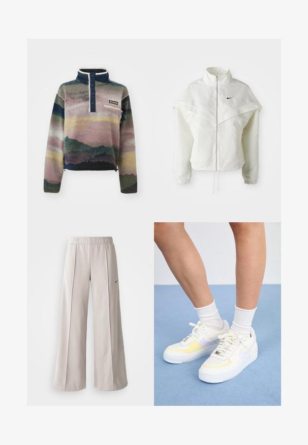 Hvit langermet jakke med glidelås og høy krage, kappe-lignende detaljer over skuldrene, elastiske mansjetter, og liten svart Nike-logo på brystet.; Columbia HELVETIA™ II PRINTED CROPPED HALF SNAP - Fleecegenser - collegiate navy dolomites; Lys grå vide bukser lavet af glat stof. Har en elastisk talje og sort Nike-logo på venstre side.; Hvit lær sneakers med gule og lavendel detaljer, rund tå, flate lisser, og teksturert gummisåle. Brukt med hvite sokker.