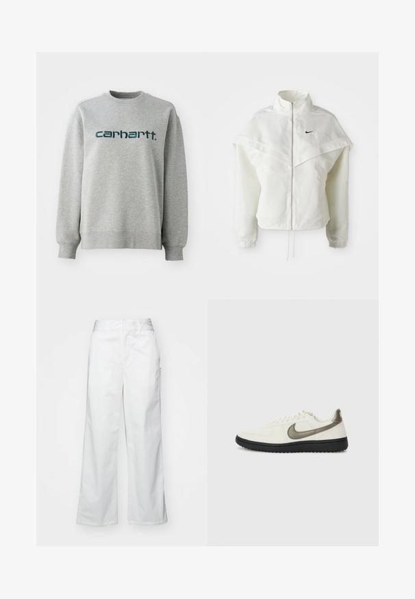 White long-sleeve zip-up jacket with high collar, cape-like detail across shoulders, elastic cuffs, and small black Nike logo on chest.; Gray sweatshirt made of cotton blend, featuring a crew neck and ribbed cuffs. Displayed logo in dark green across the chest.; White wide-leg trousers made from cotton, featuring a smooth texture, straight fit, front pockets, and a clean hem.; Nike Sportswear FIELD GENERAL - Trainers - off-white/black