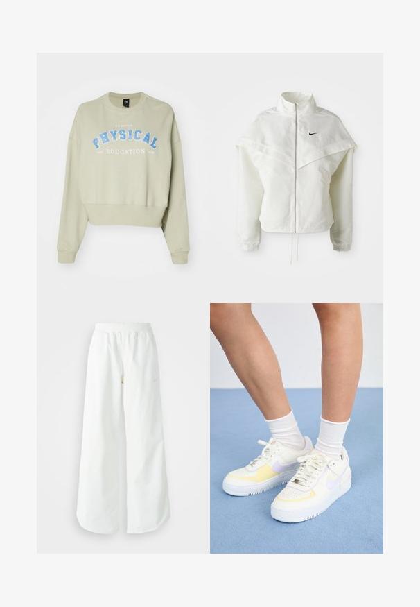 Biela bunda s dlhým rukávom na zips a vysokým golierom, s plášťovým detailom cez plecia, elastickými manžetami a malým čiernym logom Nike na hrudi.; Zostrihnutý sveter z jemného, svetlozeleného bavlneného materiálu s modrým nápisom "FYZICKÁ VÝCHOVA". Obsahuje rebrované manžety a okrúhly výstrih.; Biele široké športové nohavice s ribbovaným pásom a jemným logom. Hladká tkanina s uvoľneným strihom a zúženým lemom.; Biele kožené tenisky s žltými a levanduľovými akcentmi, okrúhle špičky, ploché šnúrky a textúrovaná gumová podrážka. Nosené s bielymi ponožkami.