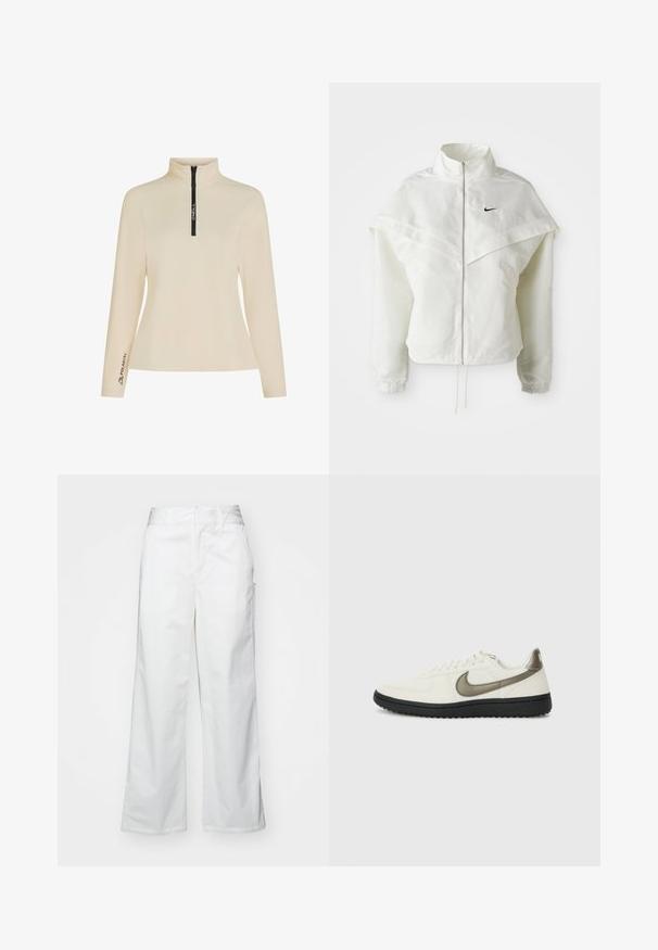 Giacca bianca a maniche lunghe con zip e colletto alto, dettaglio a mantella sulle spalle, polsini elasticizzati e piccolo logo Nike nero sul petto.; Pullover in pile beige con colletto alto, zip frontale a metà e zip nera con marchio. Presenta il logo "Polartec" sulla manica. Texture liscia.; Pantaloni bianchi a gamba larga realizzati in cotone, con una texture liscia, vestibilità dritta, tasche frontali e orlo pulito.; Nike Sportswear FIELD GENERAL - Sneakers basse - off-white/black