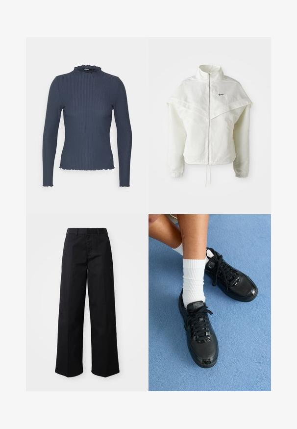 Hvid langærmet zip-up jakke med høj krave, kappe-lignende detaljer over skuldrene, elastiske manchetter og lille sort Nike-logo på brystet.; Marineblå langærmet top i ribbet tekstur. Har en høj hals med en bølget kant og en tætsiddende design.; Sorte brede bukser lavet af blødt bomuldsstof. Har en klassisk talje, sidelommer og en lige skæring til kanten.; Sorte Nike sneakers har en struktureret overdel, blanke detaljer og runde snørebånd. De er parret med hvide ribbede sokker på en lyseblå overflade.