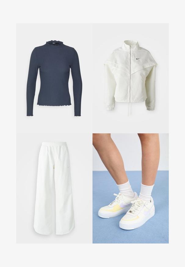 Valge pikkade varrukatega tõmblukuga jakk kõrge kraega, kätetooted, mis meenutavad katet õlgadel, elastsete mansettidega ja väikese musta Nike logoga rinnal.; Tumesinine pikakäisteline topp ribikangast. Omab kõrget kaelust lainelise servaga ja kitsast lõiget.; Valged laiad spordipüksid, ribadega vöökoht ja diskreetne logosümbol. Sile kangas, lõdvestatud istuvus ja kitsenev ääreosa.; Valged nahast tossud kollaste ja lavendlitoonide aktsentidega, ümar varvas, tasased paelad ja tekstureeritud kummist tald. Kannab valgeid sokke.