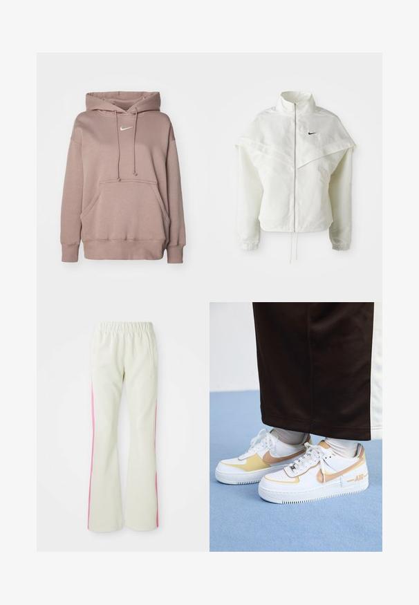 Hvit langermet jakke med glidelås og høy krage, kappe-lignende detaljer over skuldrene, elastiske mansjetter, og liten svart Nike-logo på brystet.; Lett genser med hette i lys beige, laget av mykt materiale; har en frontlomme og en hvit logo på brystet.; Lys beige bukser med elastisk linning, med rosa sidepaneler og sidelommer. Glatt tekstur med rett ben-design.; Hvite lær sneakers med gull detaljer, med perforert tå, flate lisser og en tykk gummisåle med "AIR" logo på siden.