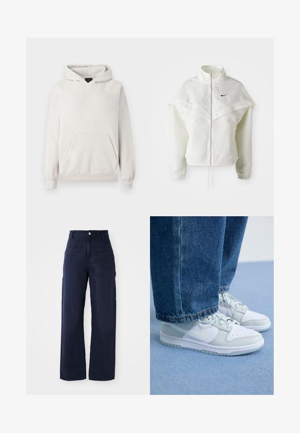 Valkoinen pitkähihainen vetoketjullinen takki korkealla kauluksella, viittamainen yksityiskohta olkapäillä, joustavat hihansuut ja pieni musta Nike-logo rinnassa.; Vaaleanharmaa huppari, joka on valmistettu pehmeästä kankaasta. Siinä on kengurulaukku, resorit hihansuissa ja pieni valkoinen logo rinnassa.; Laivastonsininen, leveälahkeinen cargo-housu, jossa on kestävä puuvillakangas, sivutaskut ja nappikiinnitys vyötäröllä.; Valkoiset ja vaaleanharmaat nahkakengät Nike, joissa on rei'itetty kärki, litteät nauhat ja kumipohja, yhdistettynä sinisiin farkkuihin.