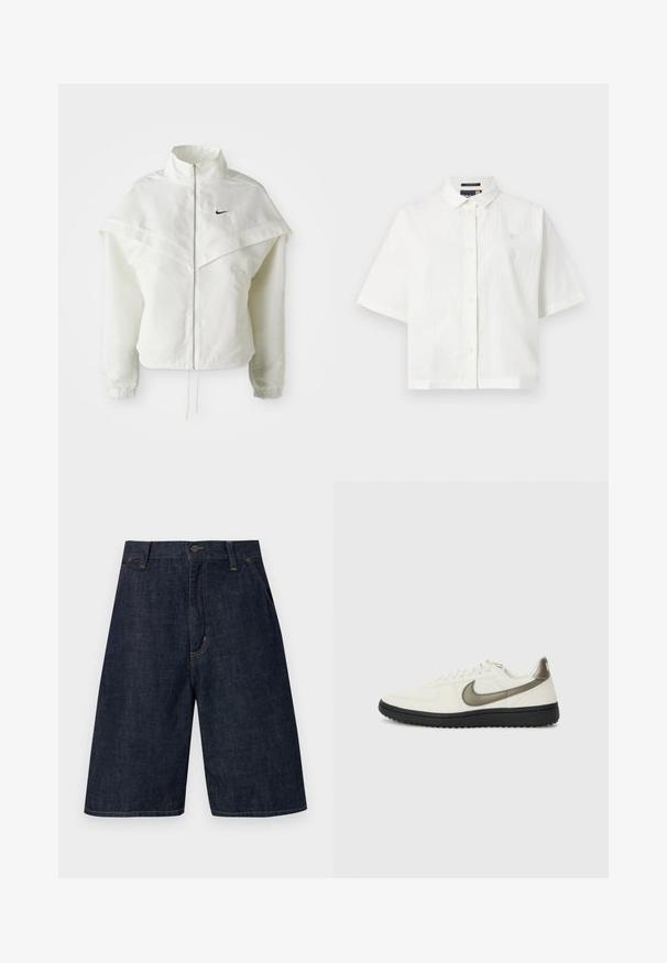 Balta ilga rankovė zip-up striukė su aukštu apykakle, švarkelio tipo detalėmis ant pečių, elastingomis rankovėmis ir mažuoju juodu Nike logotipu ant krūtinės.; Balta trumpomis rankovėmis marškiniai iš tekstūruoto audinio, su reguliariais apykaklėmis ir mygtukų uždarymu. Mažas logotipas ant krūtinės. Atsipalaidavęs siluetas.; Tamsiai mėlyni džinsiniai šortai su tiesia kirpimu, turintys sagos uždarymą, penkias kišenes ir matomą geltoną siuvinėjimą siūlėse.; Nike Sportswear FIELD GENERAL - Sportbačiai - off-white/black