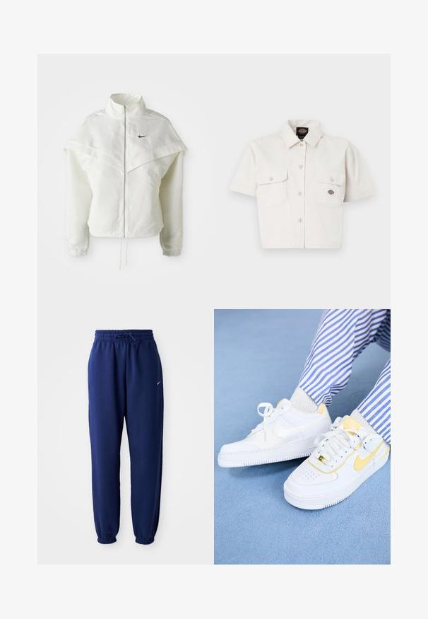 Jaqueta branca de mangas longas com fecho éclair e gola alta, detalhe tipo capa nos ombros, punhos elásticos e pequeno logótipo preto da Nike no peito.; Camisa branca de algodão, de mangas curtas e cropped, com dois bolsos no peito, fecho de botões na frente e um patch com logotipo no bolso esquerdo.; Calças de fato de treino azul marinho feitas de um tecido suave, com uma cintura elástica com cordão, punhos elásticos e um pequeno logótipo branco.; Sapatilhas Nike Air Force 1 brancas com detalhes amarelos e caixa do dedo perforada, combinadas com calças listradas azuis e brancas. Fundo azul texturizado.