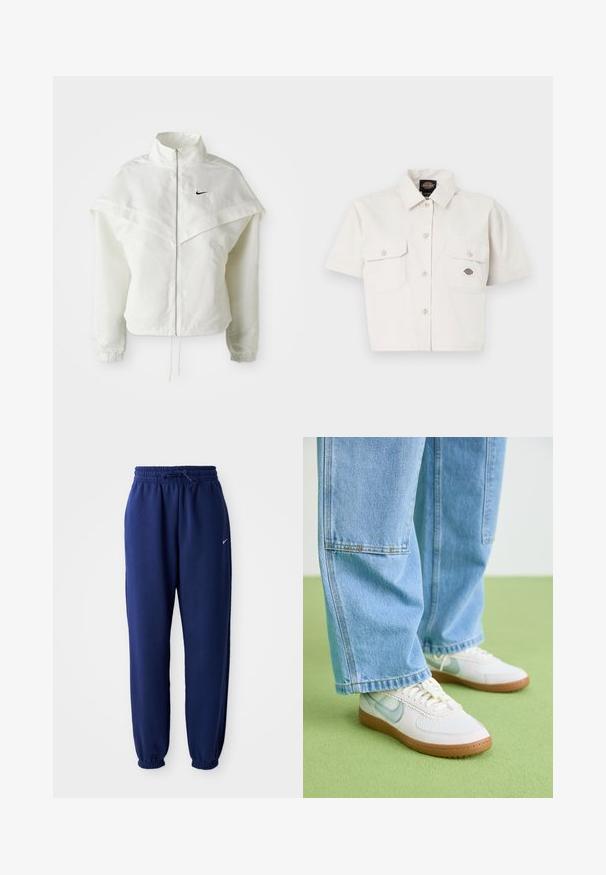 Jaqueta branca de mangas longas com fecho éclair e gola alta, detalhe tipo capa nos ombros, punhos elásticos e pequeno logótipo preto da Nike no peito.; Camisa branca de algodão, de mangas curtas e cropped, com dois bolsos no peito, fecho de botões na frente e um patch com logotipo no bolso esquerdo.; Calças de fato de treino azul marinho feitas de um tecido suave, com uma cintura elástica com cordão, punhos elásticos e um pequeno logótipo branco.; Sapatos brancos com detalhes azul claros, parte superior em malha texturizada, e sola de borracha bege, combinados com calças de ganga azul claro largas.