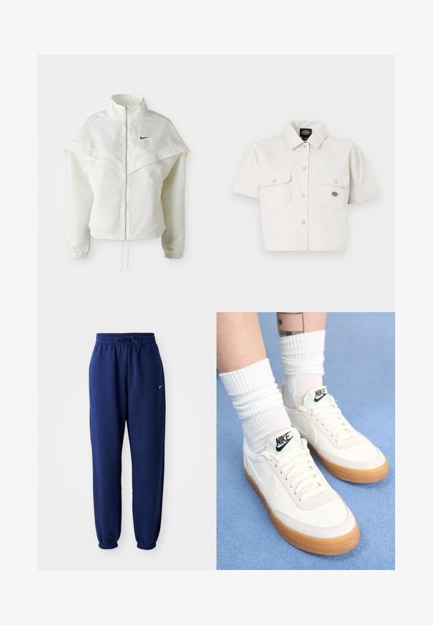 Jaqueta branca de mangas longas com fecho éclair e gola alta, detalhe tipo capa nos ombros, punhos elásticos e pequeno logótipo preto da Nike no peito.; Camisa branca de algodão, de mangas curtas e cropped, com dois bolsos no peito, fecho de botões na frente e um patch com logotipo no bolso esquerdo.; Calças de fato de treino azul marinho feitas de um tecido suave, com uma cintura elástica com cordão, punhos elásticos e um pequeno logótipo branco.; Nike Sportswear KILLSHOT 2 - Sapatilhas - sail/gum yellow/black
