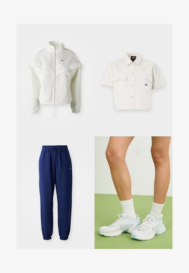 Hvit langermet jakke med glidelås og høy krage, kappe-lignende detaljer over skuldrene, elastiske mansjetter, og liten svart Nike-logo på brystet.; Kortermet, kort topp i hvit bomull med to brystlommer, knappestolpe foran og et logo-merke på venstre lomme.; Mørkeblå joggebukser laget av mykt stoff, med elastisk linning med snøring, elastiske mansjetter og en liten hvit logo.; Hvite og lyseblå joggesko laget av mesh og syntetiske materialer, med teksturerte detaljer, avrundet form og en polstret såle.