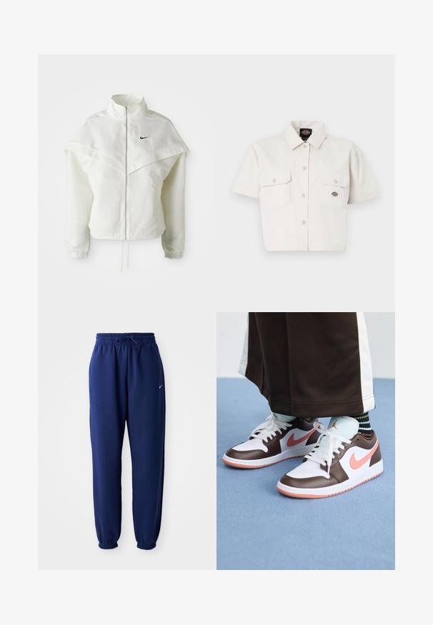 Balta garās piedurknes ar rāvējslēdzēju jaka ar augstu apkakli, apmetņa līdzīga detaļa uz pleciem, elastīgas aproces un mazs melns Nike logotips uz krūtīm.; Korte piedurknēm, īss balts krekls, kas izgatavots no kokvilnas, ar divām krūšu kabatām, pogājamu priekšpusi un logo uzšuvumu kreisajā kabatā.; Navy zila sporta bikses, izgatavotas no mīksta auduma, ar elastīgu jostu ar auklu, elastīgiem piedurknēm un mazu balto logo.; Baltās un brūnās Nike Air Jordan kedas ar rozā akcentiem, ar zemu dizainu, baltām šņorēm un teksturētu gumijas zoli.
