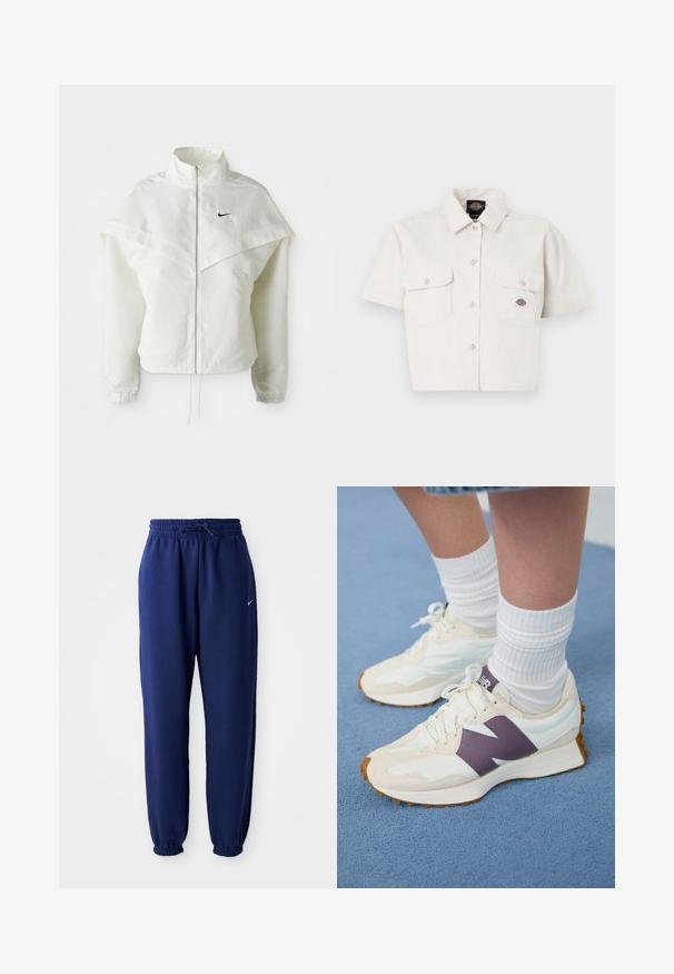 White long-sleeve zip-up jacket with high collar, cape-like detail across shoulders, elastic cuffs, and small black Nike logo on chest.; Short-sleeve, cropped white shirt made of cotton with two chest pockets, button-down front, and a logo patch on the left pocket.; Navy blue sweatpants made of soft fabric, featuring an elastic waistband with drawstring, elastic cuffs, and a small white logo.; Cream and purple athletic sneakers with a textured leather accent, featuring a rounded toe and white laces, paired with white ribbed socks.