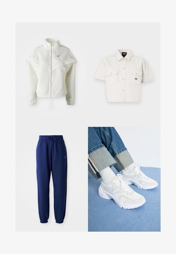 Valkoinen pitkähihainen vetoketjullinen takki korkealla kauluksella, viittamainen yksityiskohta olkapäillä, joustavat hihansuut ja pieni musta Nike-logo rinnassa.; Lyhythihainen, lyhyt valkoinen paita, joka on tehty puuvillasta, kahdella rintataskulla, napitettavalla edessä ja logopatchillä vasemmassa taskussa.; Tummansiniset collegehousut pehmeästä kankaasta, joissa on joustava vyötärönyöri, joustavat hihansuut ja pieni valkoinen logo.; Valkoiset urheilukengät, jotka on valmistettu verkkokankaasta ja synteettisistä materiaaleista, joissa on paksu pohja ja röpelöinen muotoilu, yhdistetty valkoisiin ribbatuissa sukkiin.