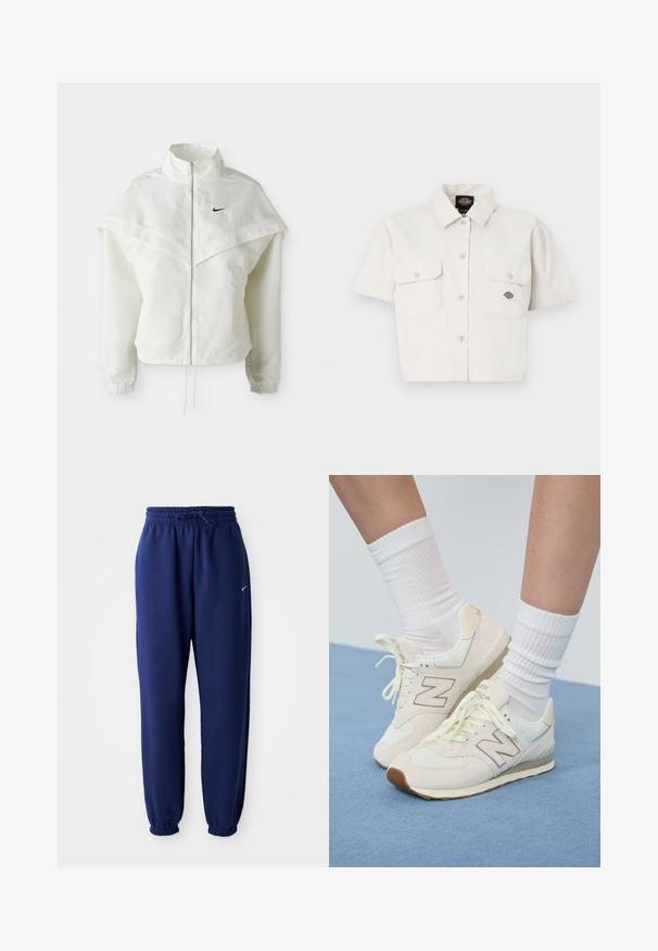 Hvit langermet jakke med glidelås og høy krage, kappe-lignende detaljer over skuldrene, elastiske mansjetter, og liten svart Nike-logo på brystet.; Kortermet, kort topp i hvit bomull med to brystlommer, knappestolpe foran og et logo-merke på venstre lomme.; Mørkeblå joggebukser laget av mykt stoff, med elastisk linning med snøring, elastiske mansjetter og en liten hvit logo.; Beige New Balance joggesko laget av mesh og semsket skinn, med en lys kremfarget såle og grå branding. Kombinert med hvite ribbestrikkede sokker.