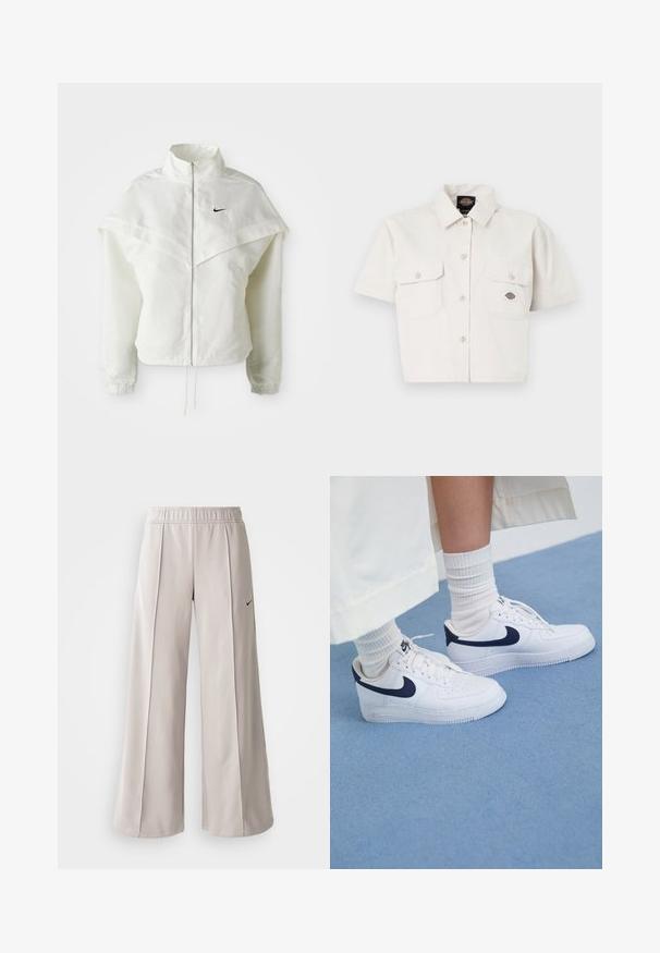 Hvit langermet jakke med glidelås og høy krage, kappe-lignende detaljer over skuldrene, elastiske mansjetter, og liten svart Nike-logo på brystet.; Kortermet, kort topp i hvit bomull med to brystlommer, knappestolpe foran og et logo-merke på venstre lomme.; Lys grå vide bukser lavet af glat stof. Har en elastisk talje og sort Nike-logo på venstre side.; Hvite Nike Air Force 1-sneakers med marineblå detaljer, perforert tå, flate lisser og gummisåle, kombinert med ribbede hvite sokker.