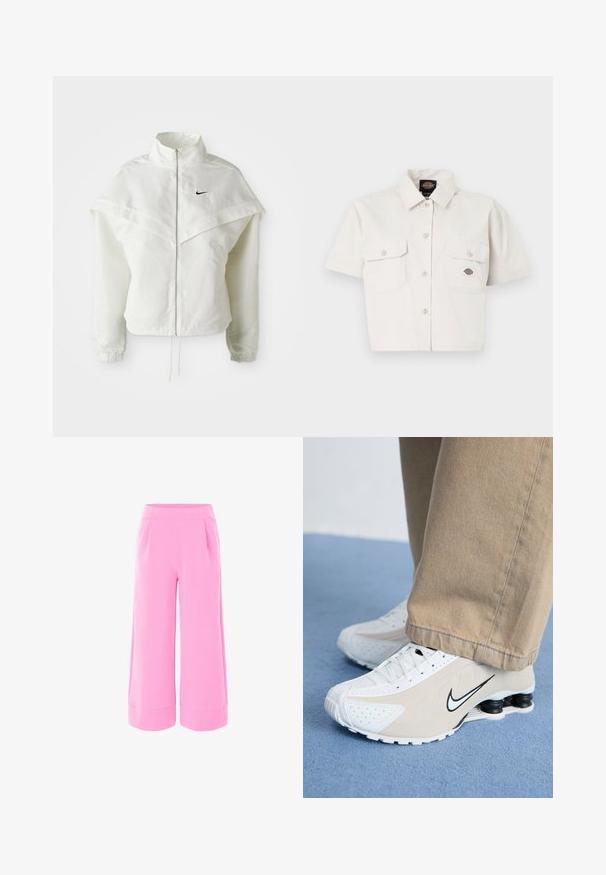 Valkoinen pitkähihainen vetoketjullinen takki korkealla kauluksella, viittamainen yksityiskohta olkapäillä, joustavat hihansuut ja pieni musta Nike-logo rinnassa.; Lyhythihainen, lyhyt valkoinen paita, joka on tehty puuvillasta, kahdella rintataskulla, napitettavalla edessä ja logopatchillä vasemmassa taskussa.; Vaaleanpunaiset leveälahkeiset housut, joissa on sileä kangas, korkea vyötärö ja kaksi etupleatsia. Läpivienti on viimeistelty leveällä käänteellä.; Valkoiset ja beige Nike-tennarit, joissa on rei'itetty muotoilu, musta swoosh-logo, teksturoitu päällinen ja erottuva joustava musta kanta.