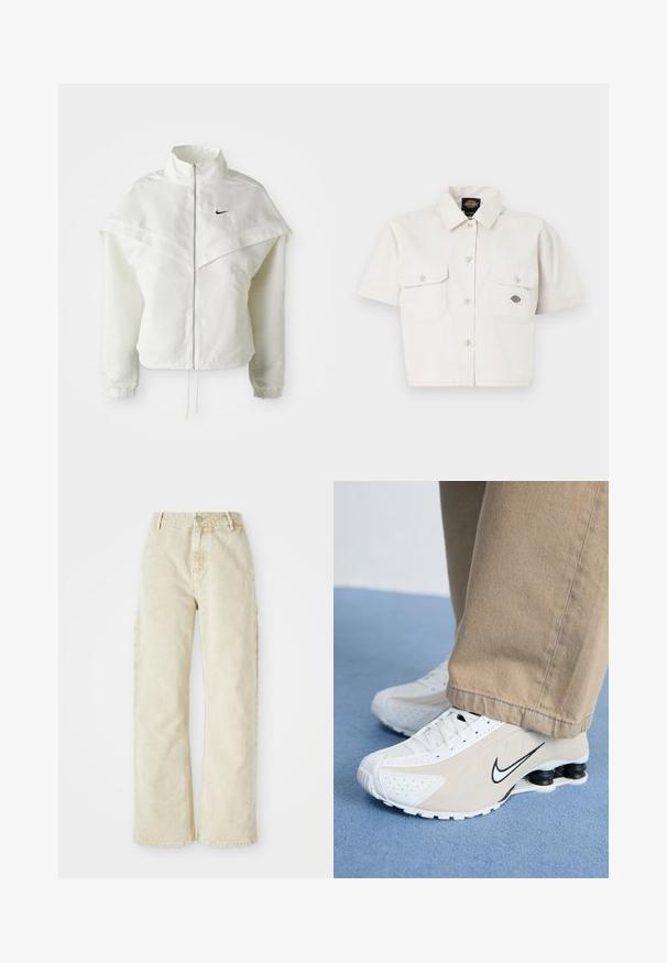 White long-sleeve zip-up jacket with high collar, cape-like detail across shoulders, elastic cuffs, and small black Nike logo on chest.; Short-sleeve, cropped white shirt made of cotton with two chest pockets, button-down front, and a logo patch on the left pocket.; Beige wide-leg denim pants with a high waist, featuring a front button and zip closure, belt loops, and side pockets. Soft texture.; White and beige Nike sneakers with perforated design, black swoosh logo, textured upper, and distinctive springy black heel.