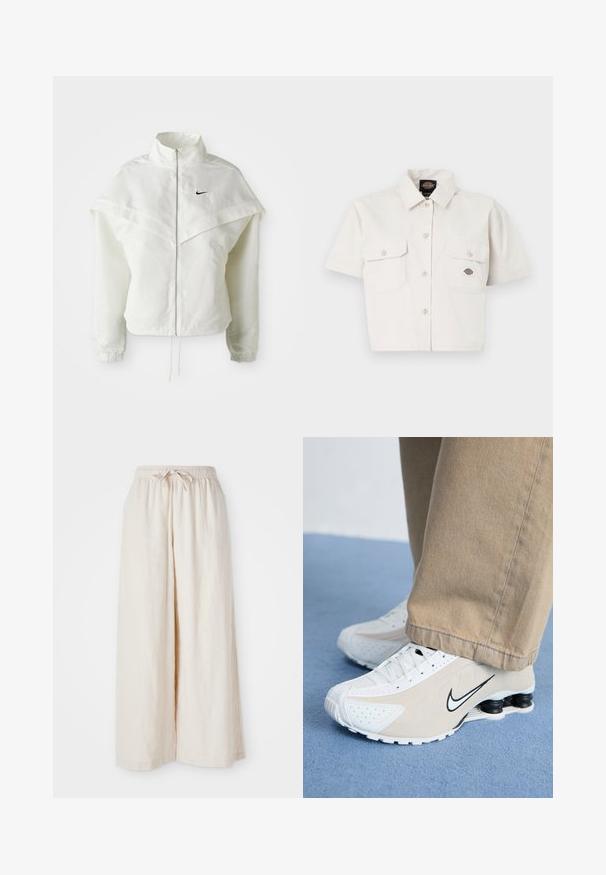 Balta ilga rankovė zip-up striukė su aukštu apykakle, švarkelio tipo detalėmis ant pečių, elastingomis rankovėmis ir mažuoju juodu Nike logotipu ant krūtinės.; Trumpas rankovėmis baltas marškiniai, pagaminti iš medvilnės, su dviem krūtinės kišenėmis, mygtukų užsegimu priekyje ir logotipo uždėjimu kairėje kišenėje.; Platus, kreminės spalvos kelnes su elastinga juosta ir raišteliu. Lygus, lengvas lininis audinys, be matomų raštų ar metalinių detalių.; Balti ir šviesiai rudi Nike sportbačiai su perforuotu dizainu, juodu swoosh logotipu, tekstūruotu paviršiumi ir išskirtiniu pavasariniu juodu kulnu.