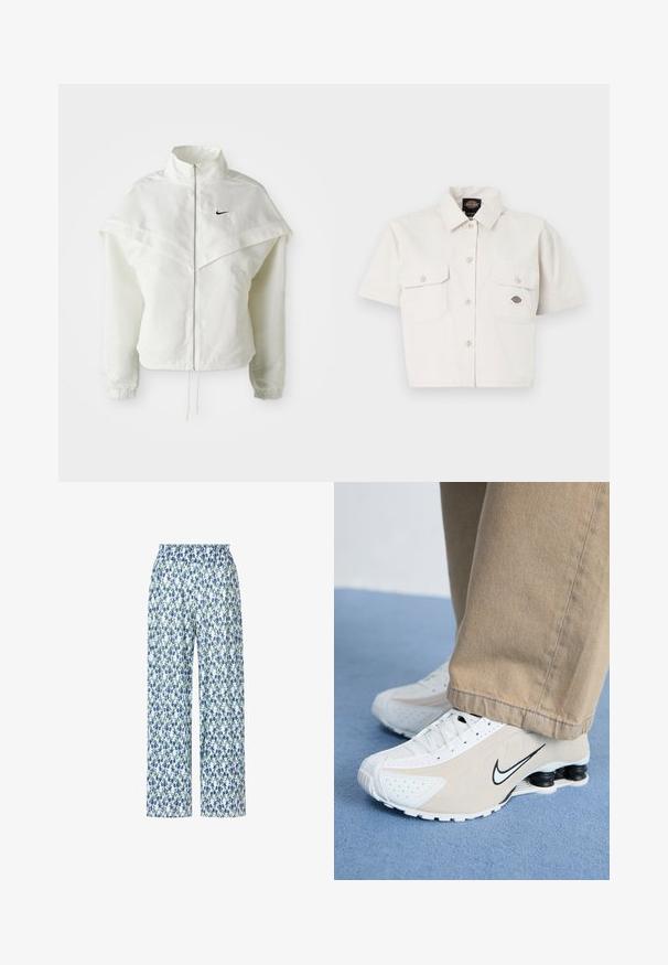 Witte lange mouwen zip-up jas met hoge kraag, cape-achtige details over de schouders, elastische manchetten en een klein zwart Nike-logo op de borst.; Korte mouwen, cropped wit shirt van katoen met twee borstzakken, knoopsluiting aan de voorkant en een logo patch op de linker zak.; Bloemenprint broek met een blauw en groen patroon op een witte achtergrond, met een wijde pijp en een elastische tailleband.; Witte en beige Nike sneakers met geperforeerd ontwerp, zwart swoosh-logo, textuur bovenkant en een kenmerkende veerkrachtige zwarte hak.