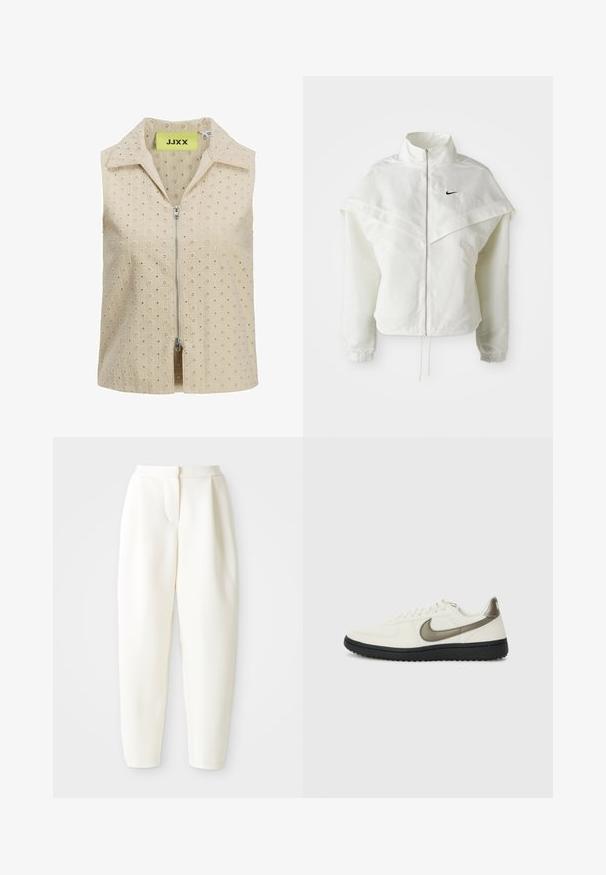 Jachetă albă cu mâneci lungi, cu fermoar, guler înalt, detalii asemănătoare unei capele pe umeri, manșete elastice și un mic logo Nike negru pe piept.; Top bej fără mâneci cu fermoar în față, având un model texturat de mici motive florale și un guler ascuțit. Eticheta brandului este vizibilă în interior.; Pantaloni albi, cu talie înaltă și croială conică, având închidere frontală ascunsă și buzunare laterale, expuși pe un fundal alb simplu.; Nike Sportswear FIELD GENERAL - Sneakers low - off-white/black