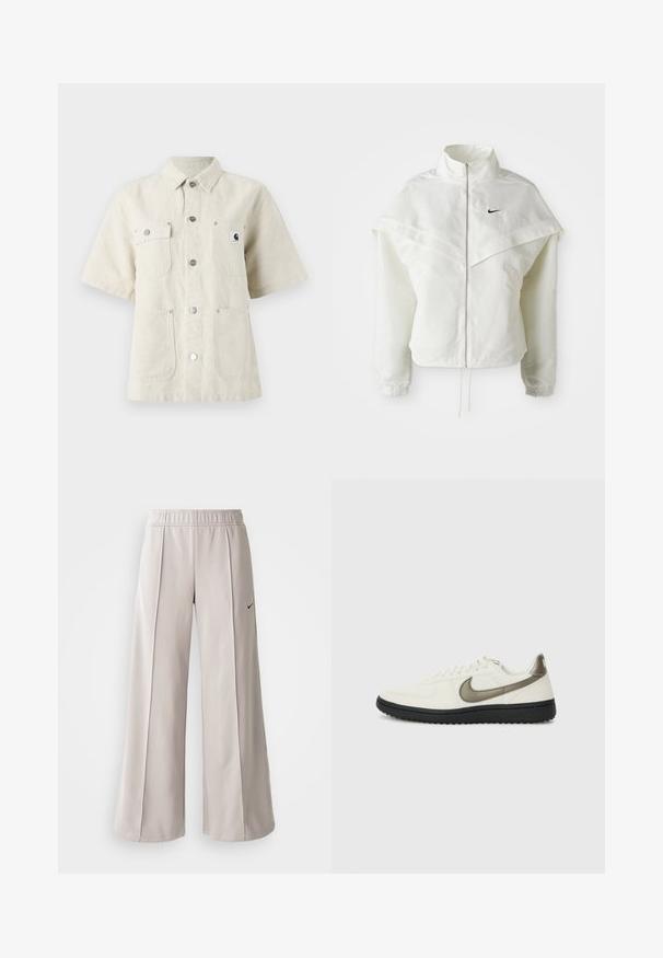 Witte lange mouwen zip-up jas met hoge kraag, cape-achtige details over de schouders, elastische manchetten en een klein zwart Nike-logo op de borst.; Korte mouwen shirt van lichtbeige stof, met een puntige kraag, knopen aan de voorkant, twee borstzakken en een klein logo op de linkerzijde.; Lichtgrijze wijde broek van glad materiaal. Voorzien van een elastische tailleband en een zwart Nike-logo aan de linkerkant.; Nike Sportswear FIELD GENERAL - Sneakers laag - off-white/black