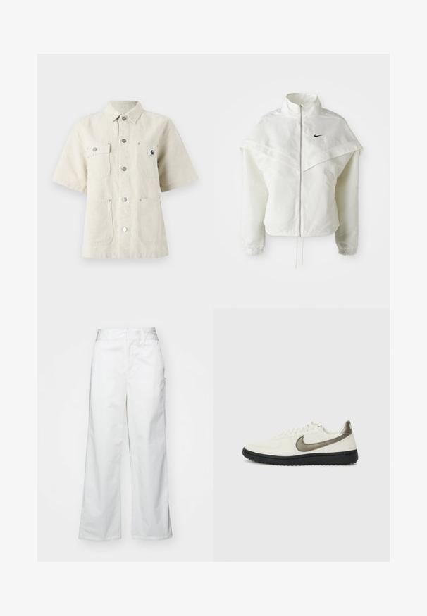 Jachetă albă cu mâneci lungi, cu fermoar, guler înalt, detalii asemănătoare unei capele pe umeri, manșete elastice și un mic logo Nike negru pe piept.; Cămașă cu mânecă scurtă dintr-un material bej deschis, având un guler ascuțit, nasturi pe partea din față, două buzunare la piept și o etichetă mică cu logo pe partea stângă.; Pantaloni largi albi din bumbac, cu o textură fină, croi drept, buzunare frontale și tiv curat.; Nike Sportswear FIELD GENERAL - Sneakers low - off-white/black