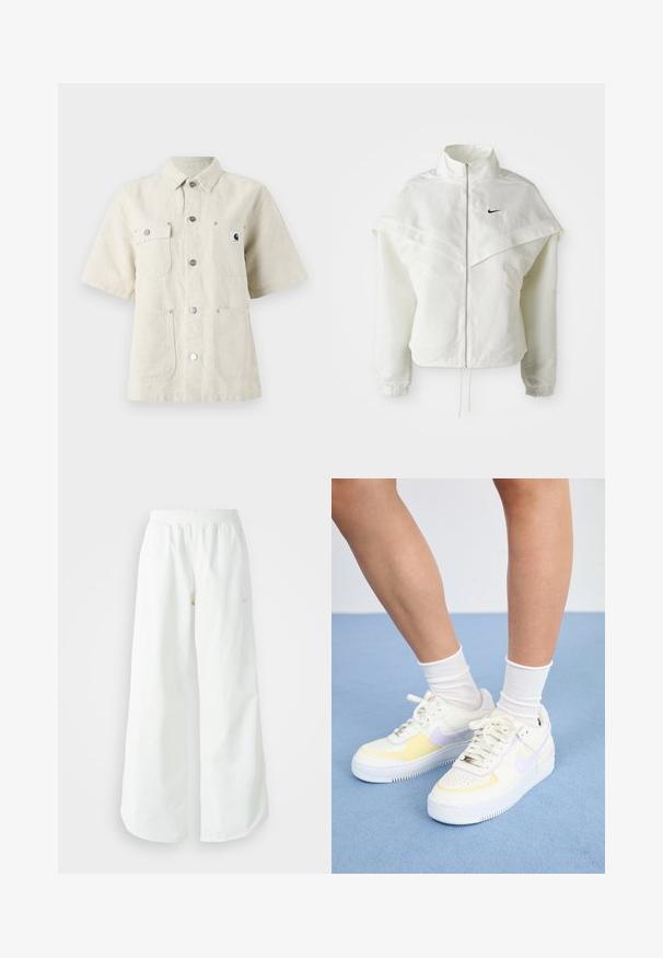Valge pikkade varrukatega tõmblukuga jakk kõrge kraega, kätetooted, mis meenutavad katet õlgadel, elastsete mansettidega ja väikese musta Nike logoga rinnal.; Lühikeste varrukatega särk heleda beeži kangaga, millel on terav kaelus, esipaneeli nupud, kaks rinna taskut ja väike logo silt vasakul.; Valged laiad spordipüksid, ribadega vöökoht ja diskreetne logosümbol. Sile kangas, lõdvestatud istuvus ja kitsenev ääreosa.; Valged nahast tossud kollaste ja lavendlitoonide aktsentidega, ümar varvas, tasased paelad ja tekstureeritud kummist tald. Kannab valgeid sokke.