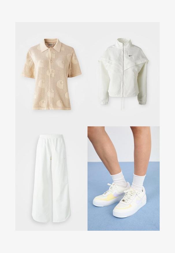 Veste zippée à manches longues blanche avec col haut, détail de type cape sur les épaules, poignets élastiques et petit logo Nike noir sur la poitrine.; Polo en tricot beige à manches courtes, présentant une texture à motif et une fermeture à cinq boutons. Léger avec un design respirant.; Pantalons de sport larges blancs avec une taille côtelée et un discret logo. Tissu lisse avec une coupe décontractée et un bas effilé.; Baskets en cuir blanc avec des accents jaunes et lavande, bout rond, lacets plats et semelle en caoutchouc texturée. Portées avec des chaussettes blanches.