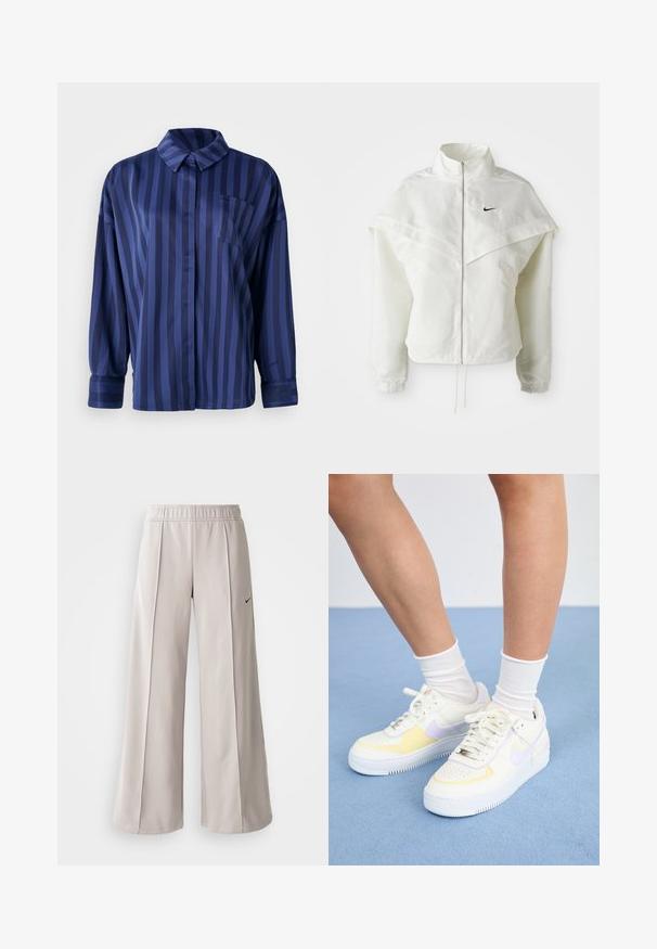White long-sleeve zip-up jacket with high collar, cape-like detail across shoulders, elastic cuffs, and small black Nike logo on chest.; Navy blue striped shirt with a collar, chest pocket, and long sleeves. Made from a smooth, shiny fabric with a loose fit.; Light gray wide-leg pants made of smooth fabric. Features an elastic waistband and black Nike logo on the left side.; White leather sneakers with yellow and lavender accents, round toe, flat laces, and textured rubber sole. Worn with white socks.