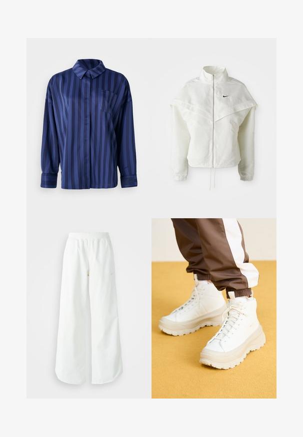 Balta ilga rankovė zip-up striukė su aukštu apykakle, švarkelio tipo detalėmis ant pečių, elastingomis rankovėmis ir mažuoju juodu Nike logotipu ant krūtinės.; Tamsiai mėlynas dryžuotas marškinėliai su apykakle, krūtinės kišene ir ilgomis rankovėmis. Pagaminti iš lygaus, blizgaus audinio su laisvu siluetu.; Balti sportiniai keliai su platėjančiomis kojomis, su įtemptu juosmeniu ir subtilia logotipo detale. Lygus audinys, laisvas kirpimas ir siaurėjantis apatinis kraštas.; Baltos aukštos sportinės bateliai su masyviu, tekstūruotu padu, sklandžiu viršumi, apvalia nosimi ir toniniu raišteliu, prieš geltoną foną.