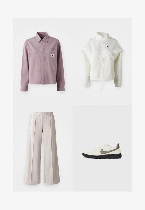 Valge pikkade varrukatega tõmblukuga jakk kõrge kraega, kätetooted, mis meenutavad katet õlgadel, elastsete mansettidega ja väikese musta Nike logoga rinnal.; Hele roosa nööpidega särk, tekstuurse mustriga, pikkade varrukatega, rinna-tasku ja väike logo silt taskul.; Heledad hallide püksid, mis on valmistatud siledast kangast. Omab elastset vöökohta ja musta Nike logo vasakul küljel.; Nike Sportswear FIELD GENERAL - Tossud - off-white/black