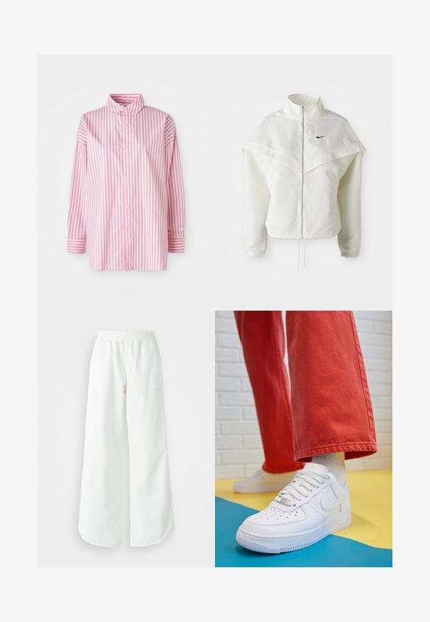 Fehér, hosszú ujjú, zipzáras dzseki magas gallérral, a vállakon lebegő, köpenyszerű résszel, rugalmas mandzsettákkal és kis fekete Nike logóval a mellkason.; Csíkozott gombos ing, függőleges rózsaszín és fehér csíkokkal, hosszú ujjak dupla mandzsettával és klasszikus gallérral. Könnyű anyagból készült.; Fehér, bő szárú sportnadrág ribbelt derékpánttal és diszkrét logórésszel. Simá szövet, laza szabással és taperált szárral.; Fehér bőr edzőcipő perforált orral, texturált talppal és fehér fűzővel, széles vörös nadrággal párosítva, kék és sárga háttérrel.