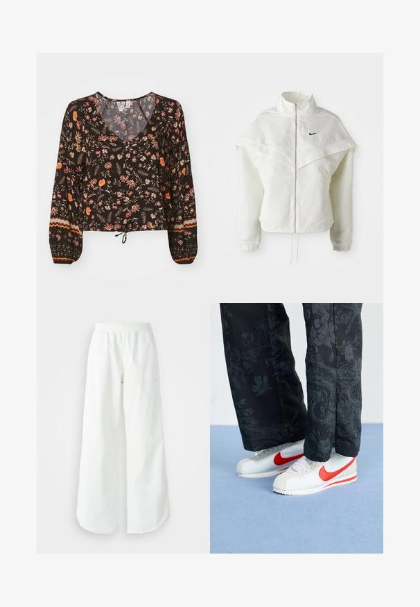 Biela bunda s dlhým rukávom na zips a vysokým golierom, s plášťovým detailom cez plecia, elastickými manžetami a malým čiernym logom Nike na hrudi.; Čierna kvetinová blúzka s výstrihom do V, dlhými objemnými rukávmi a zhrnutými manžetami. Obsahuje farebné vzory a zviazaný lem pre skrátený vzhľad.; Biele široké športové nohavice s ribbovaným pásom a jemným logom. Hladká tkanina s uvoľneným strihom a zúženým lemom.; Biele tenisky Nike s červenými akcentmi, v kombinácii s čiernymi nohavicami s kvetinovým vzorom. Povrch je hladký s plochou pletenou podrážkou.