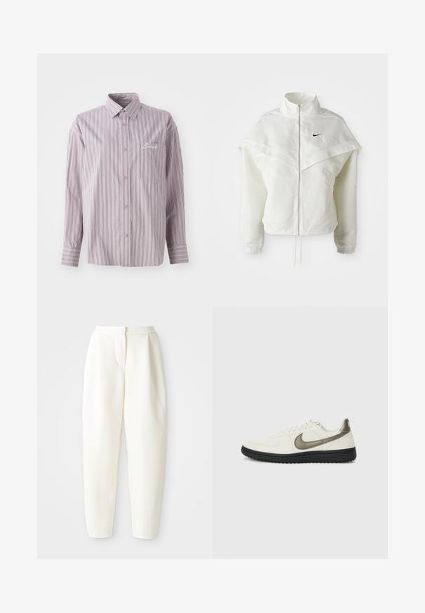 Balta ilga rankovė zip-up striukė su aukštu apykakle, švarkelio tipo detalėmis ant pečių, elastingomis rankovėmis ir mažuoju juodu Nike logotipu ant krūtinės.; Šviesiai violetinė marškinė su vertikaliomis tamsiai pilkomis juostelėmis. Turime mažą krūtinės kišenę ir siuvinėtą logotipą kairėje pusėje.; Baltos aukšto liemens siaurėjantys keliai su paslėptu priekinio uždarymo mechanizmu ir šoninėmis kišenėmis, pristatyti prieš paprastą baltą foną.; Nike Sportswear FIELD GENERAL - Sportbačiai - off-white/black