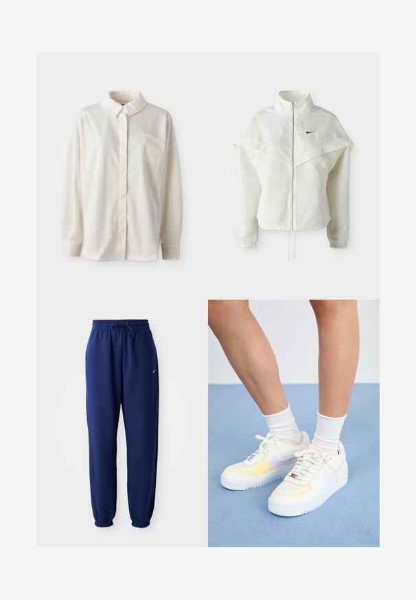 Fehér, hosszú ujjú, zipzáras dzseki magas gallérral, a vállakon lebegő, köpenyszerű résszel, rugalmas mandzsettákkal és kis fekete Nike logóval a mellkason.; Fehér galléros, gombos ing függőleges csíkokkal, hosszú ujjakkal, egyetlen mellzsebbel, sima anyagból, puha tapintású.; Navy kék sportnadrág puha anyagból, elasztikus derékpánttal és zsinórral, elasztikus mandzsettákkal és egy kis fehér logóval.; Fehér bőr sneakers sárga és levendula színű kiegészítőkkel, kerek orral, lapos fűzökkel és texturált gumitalppal. Fehér zoknival viselve.