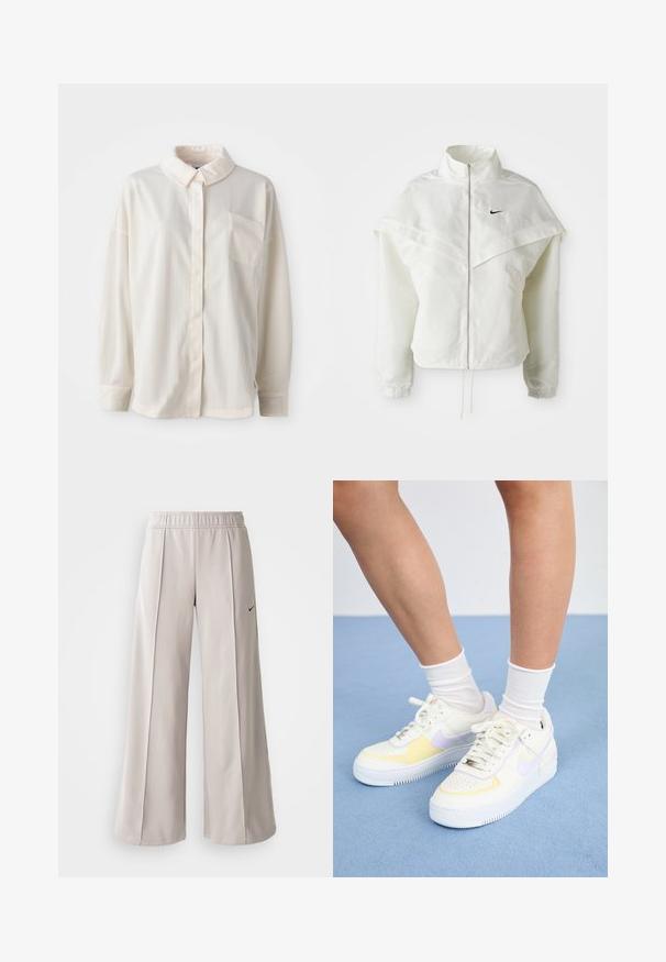 Hvit langermet jakke med glidelås og høy krage, kappe-lignende detaljer over skuldrene, elastiske mansjetter, og liten svart Nike-logo på brystet.; Hvit krage med knappeskjorte i vertikale striper, lange ermer, enkelt brystlomme, laget av glatt stoff med en myk tekstur.; Lys grå vide bukser lavet af glat stof. Har en elastisk talje og sort Nike-logo på venstre side.; Hvit lær sneakers med gule og lavendel detaljer, rund tå, flate lisser, og teksturert gummisåle. Brukt med hvite sokker.