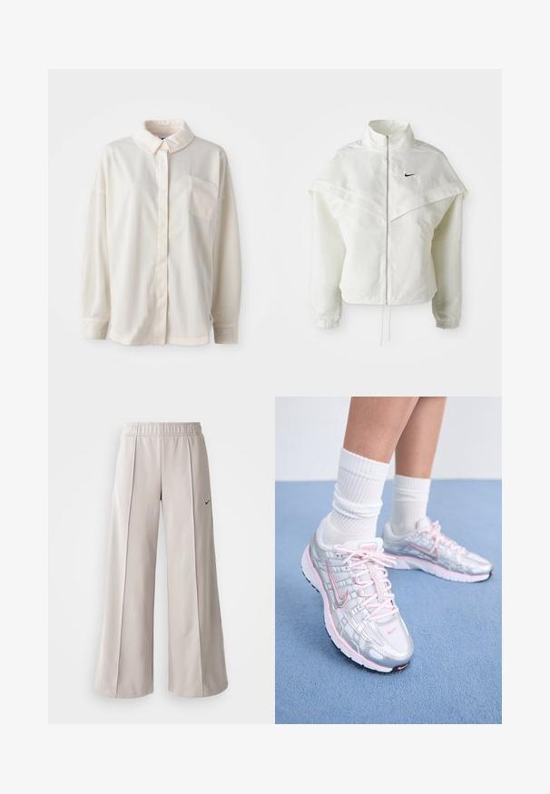 Vit långärmad zip-up jacka med hög krage, kap-liknande detalj över axlarna, elastiska ärmslut och liten svart Nike-logga på bröstet.; Vit skjorta med krage och knappar, vertikala ränder, långa ärmar, en bröstficka, gjord av ett mjukt och slätt tyg.; Ljusgrå vida byxor tillverkade av mjukt tyg. Har en elastisk midja och svart Nike-logotyp på vänster sida.; Nike löparskor med en ovandel i silvernät och rosa detaljer, vita snören och en texturerad sula. Bärs med vita bomullsidrottssockor.