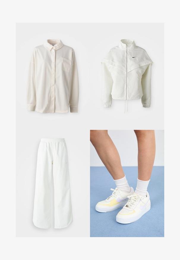 Jaqueta branca de mangas longas com fecho éclair e gola alta, detalhe tipo capa nos ombros, punhos elásticos e pequeno logótipo preto da Nike no peito.; Camisa de botão de colarinho branco com riscas verticais, mangas longas, um único bolso no peito, feita de um tecido liso com uma textura suave.; Calças atléticas largas brancas com uma cintura canelada e um discreto detalhe de logótipo. Tecido suave com um corte relaxado e terminações ajustadas.; Sneakers de couro branco com detalhes em amarelo e lavanda, bico arredondado, cadarços planos e sola de borracha texturizada. Usados com meias brancas.