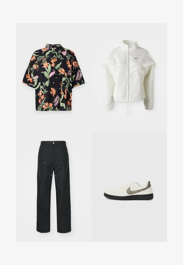 Vit långärmad zip-up jacka med hög krage, kap-liknande detalj över axlarna, elastiska ärmslut och liten svart Nike-logga på bröstet.; Kortärmad, svart blommig skjorta med livfulla orange och lila blommor samt gröna blad. Inkluderar fem knappar och en krage.; Svarta byxor med rak bendesign, tillverkade av ett texturerat tyg. Har dekorativ silverhardware och unik sömdetaljering.; Nike Sportswear FIELD GENERAL - Sneakers - off-white/black